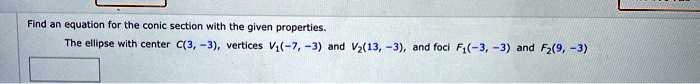 Find an equation for the conic section with the given properties.
The ellipse with center C(3, -3), vertices V1(-7, -3) and V2(13, -3), and foci F1(-3, -3) and F2(9, -3)