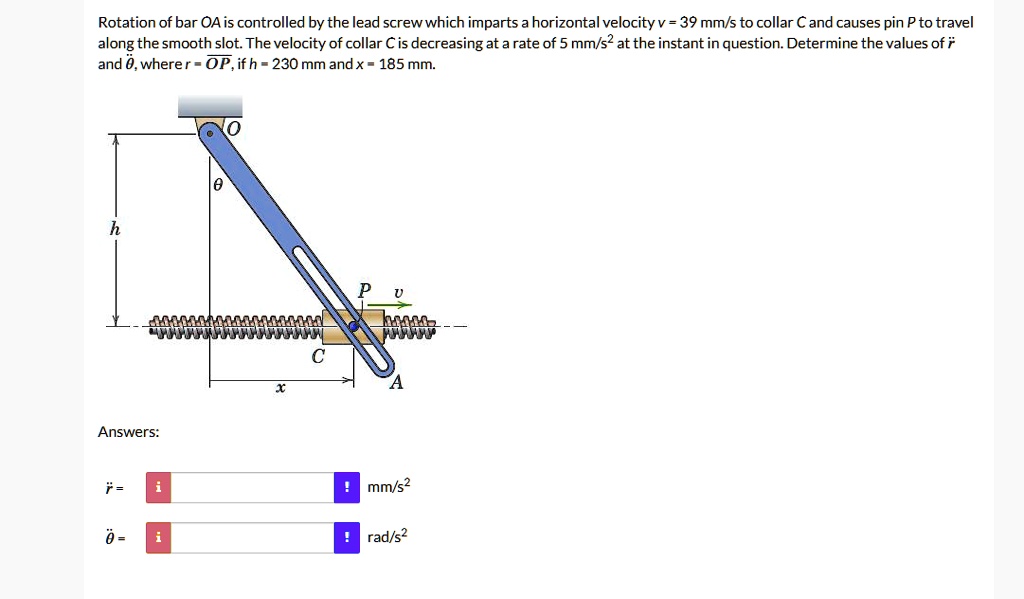 rotation of bar oa is controlled by the lead screw which imparts a horizontal velocity v39mms to collar c and causes pin p to travel along the smooth slot the velocity of collar c is decreas 00579