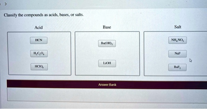 Solved Classify The Compounds As Acids Bases Or Salts Acid Base Salt Hcn Nhno3 Bmoh3 H2so4 6600