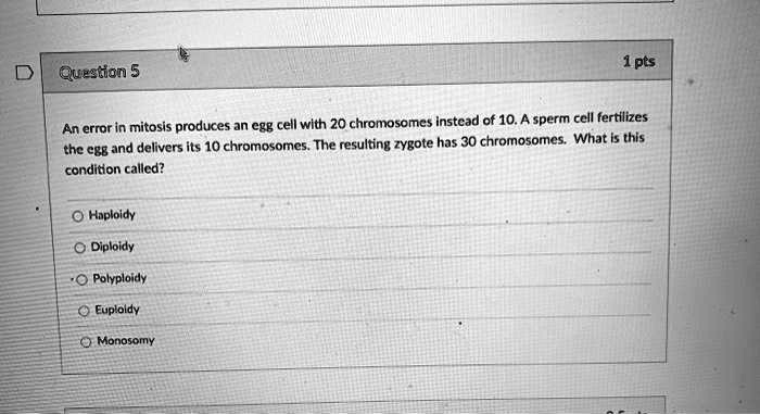An error in mitosis produces an egg cell with 20 chromosomes instead of 10. A sperm cell fertilizes the egg and delivers its 10 chromosomes. The resulting zygote has 30 chromosomes. What is this condition called?
Haploidy
Diploidy
Polyploidy
Euploidy
Monosomy