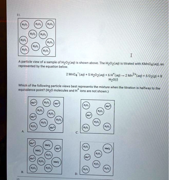 A particle view of a sample of H2O2(aq) is shown above. The H2O2(aq) is