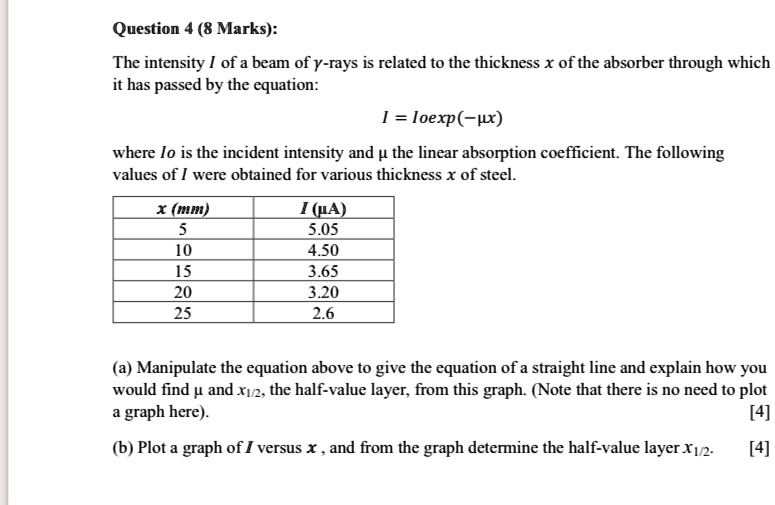 Question 4 (8 Marks):
The intensity I of a beam of y-rays is related to the thickness x of the absorber through which
it has passed by the equation:
I = I0 exp(-μ x)
where I0 is the incident intensity and μ the linear absorption coefficient. The following
values of I were obtained for various thickness x of steel.
x (mm)      I (?A)
5             5.05
10            4.50
15            3.65
20            3.20
25            2.6
(a) Manipulate the equation above to give the equation of a straight line and explain how you
would find μ and x1/2, the half-value layer, from this graph. (Note that there is no need to plot
a graph here).
[4]
(b) Plot a graph of I versus x, and from the graph determine the half-value layer x1/2.
[4]