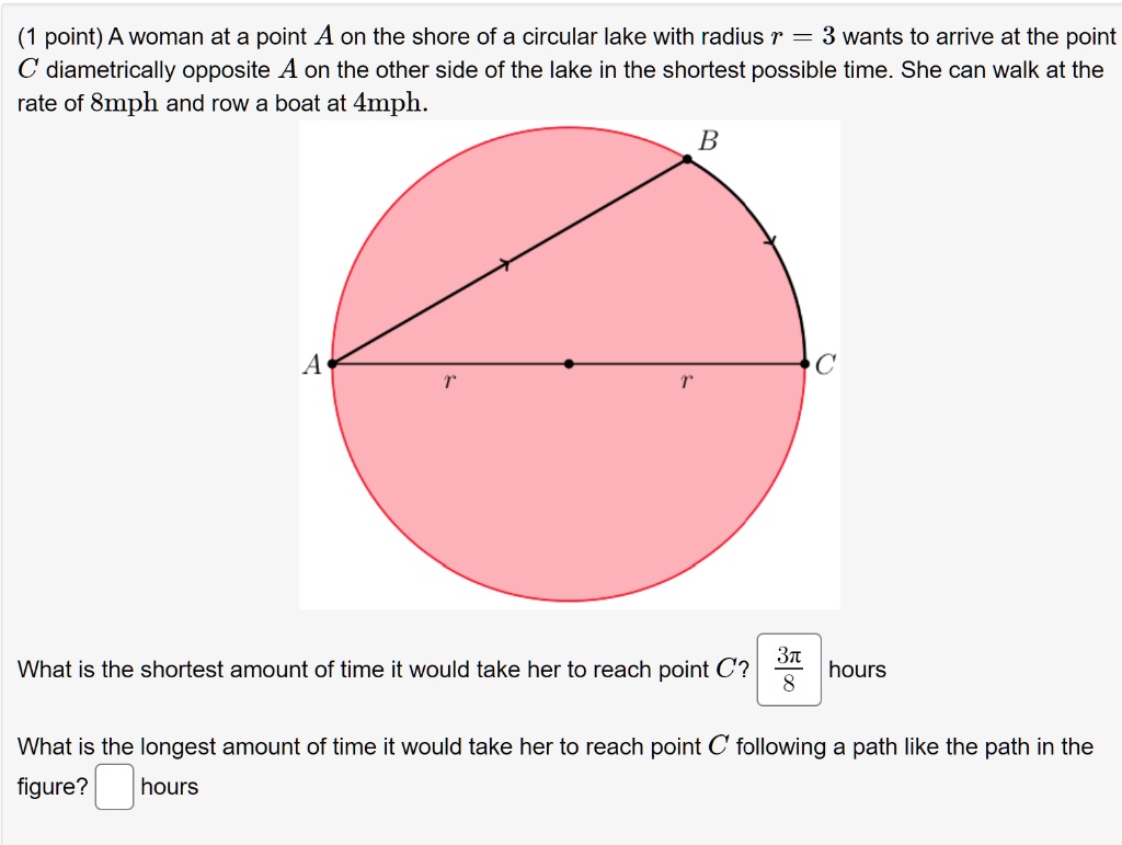 SOLVED: point) A woman at a point A on the shore of a circular lake ...