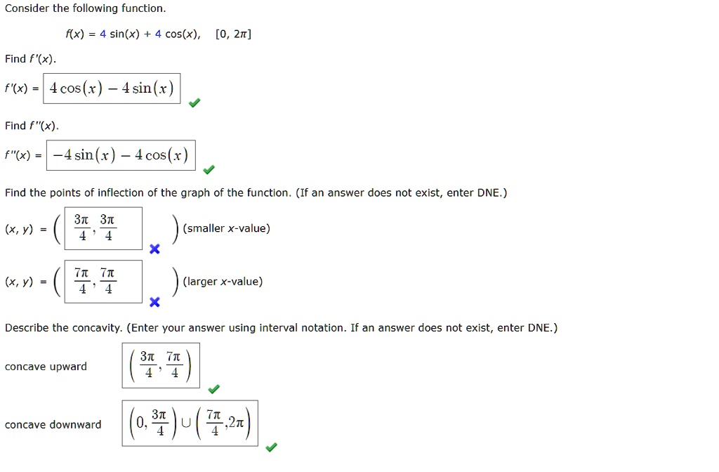 SOLVED: Consider the following function. f()=4 sin(x)+ 4 cos(x),[0,2TT ...