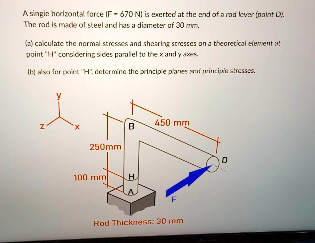 A single horizontal force (F = 670 N) is exerted at the end of a rod ...
