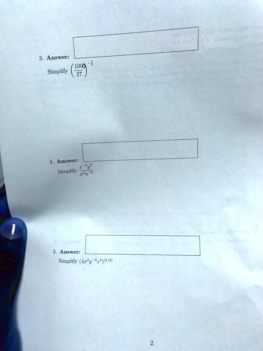 3. Answer:
Simplify ((1000)/(27))^(1)/(3)
4. Answer:
Simplify (x^-2y)/(x^4u^-2)
5. Answer:
Simplify (4x^2y^-3z^4)^(1)/(2)