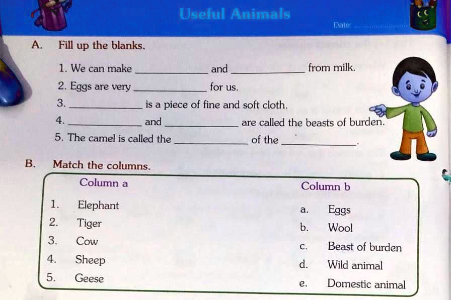 SOLVED: 'right answer please... Useful Animals Oate A Fill up the blanks:  1. We can make and from milk. 2. Eggs are very for us is a piece of fine  and soft