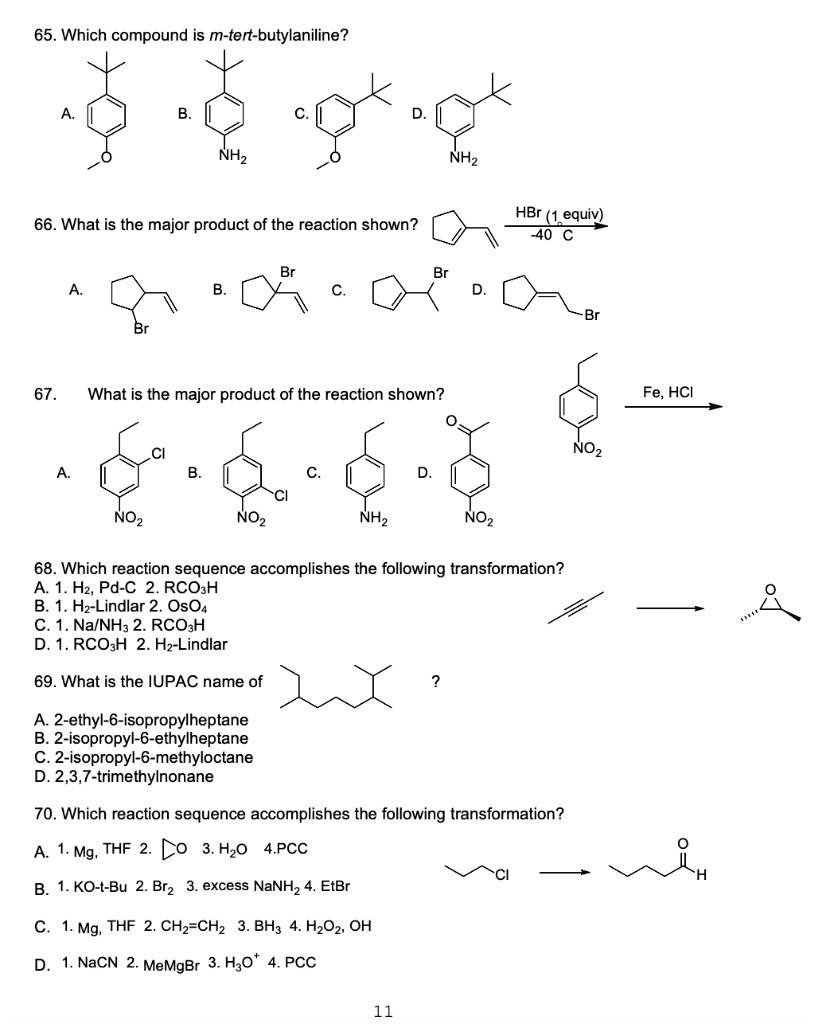 SOLVED:65. Which compound is m-tert-butylaniline? HBr (1 equiv) 40 66 ...