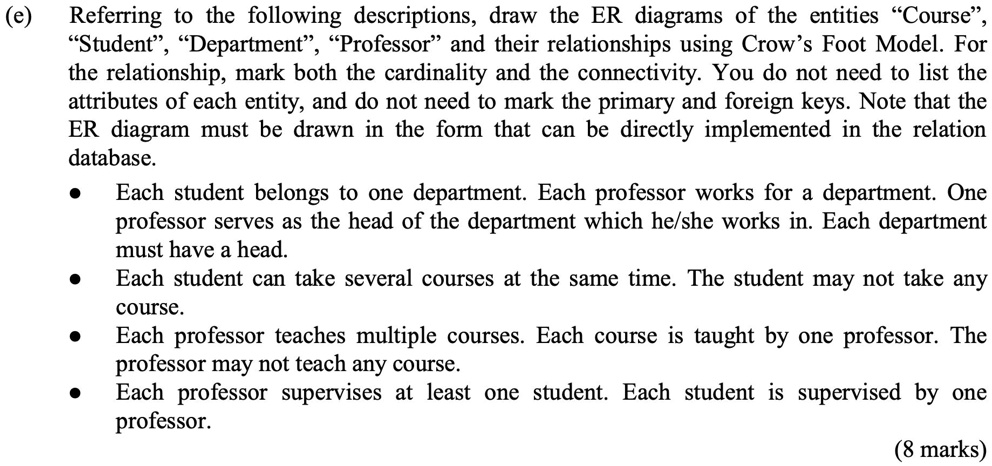 (e) Referring to the following descriptions, draw the ER diagrams of the entities "Course", "Student", "Department", "Professor" and their relationships using Crow's Foot Model. For the relationship, mark both the cardinality and the connectivity. You do not need to list the attributes of each entity, and do not need to mark the primary and foreign keys. Note that the ER diagram must be drawn in the form that can be directly implemented in the relation database.
• Each student belongs to one department. Each professor works for a department. One professor serves as the head of the department which he/she works in. Each department must have a head.
• Each student can take several courses at the same time. The student may not take any course.
• Each professor teaches multiple courses. Each course is taught by one professor. The professor may not teach any course.
• Each professor supervises at least one student. Each student is supervised by one professor.