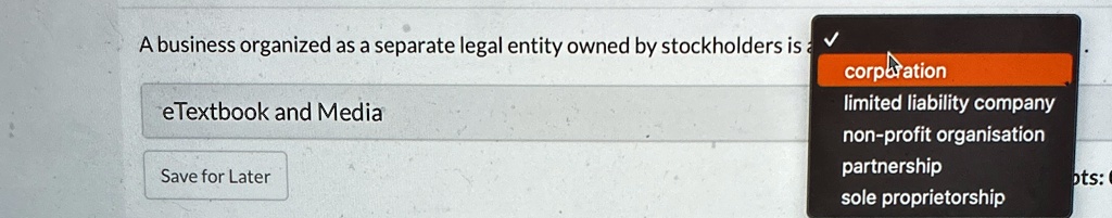 a business organized as a separate legal entity owned by stockholders is a corporation limited liability company non profit organisation partnership sole proprietorship etextbook and media 89227