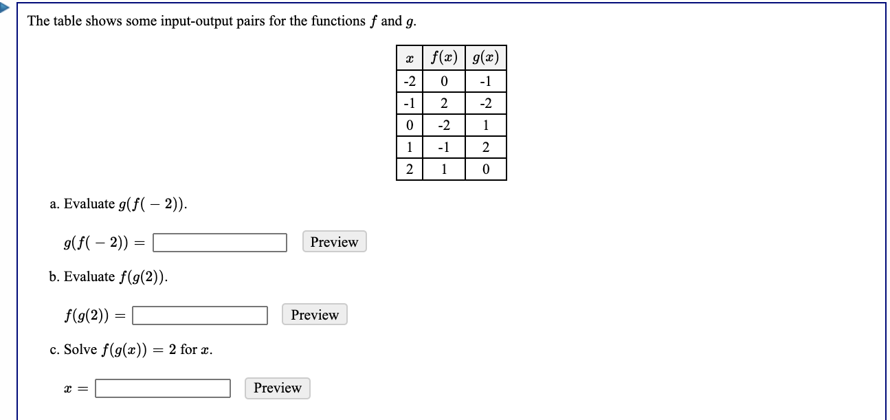 The table shows some input-output pairs for the functions ( f ) and ( g ).
egintabular|c|c|c|
hline( x )     ( f(x) )     ( g(x) ) hline( -2 )     0     ( -1 ) hline( -1 )     2     ( -2 ) hline 0     ( -2 )     1 hline 1     ( -1 )     2 hline 2     1     0 hline
endtabular
a. Evaluate ( g(f(-2)) ).
[
g(f(-2))=
]
Preview
b. Evaluate ( f(g(2)) ).
[
f(g(2))=
]
Preview
c. Solve ( f(g(x))=2 ) for ( x ).
[
x=
]
Preview