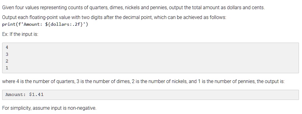 SOLVED: Given four values representing counts of quarters, dimes ...