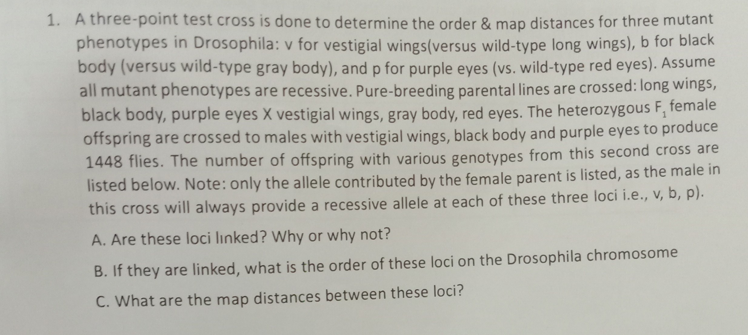 SOLVED: 1. A three-point test cross is done to determine the order ...