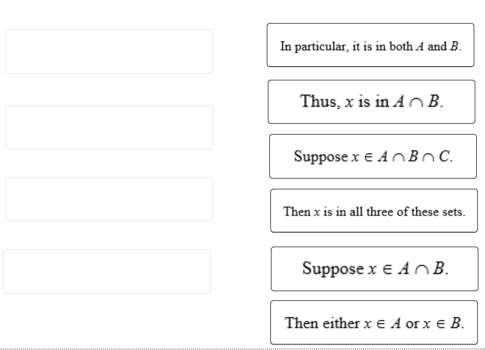 In particular, it is in both A and B.
Thus, x is in A cap B.
Suppose x in A cap B cap C.
Then x is in all three of these sets.
Suppose x in A cap B.
Then either x in A or x in B.
