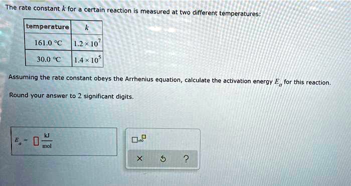the rate constant k for certain reaction is measured at two different ...