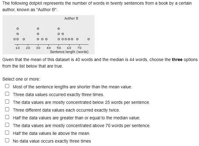 The following dotplot represents the number of words in twenty sentences from a book by a certain author, known as "Author B".
Author B
Sentence length (words)
Given that the mean of this dataset is 40 words and the median is 44 words, choose the three options from the list below that are true.
Select one or more:
Most of the sentence lengths are shorter than the mean value.
Three data values occurred exactly three times.
The data values are mostly concentrated below 25 words per sentence.
Three different data values each occurred exactly twice.
Half the data values are greater than or equal to the median value.
The data values are mostly concentrated above 70 words per sentence.
Half the data values lie above the mean.
No data value occurs exactly three times.