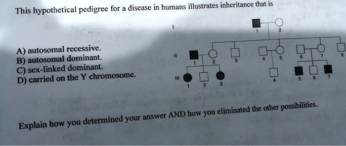 This hypothetical pedigree for a disease in humans illustrates inheritance that is

A) autosomal recessive.
B) autosomal dominant.
C) sex-linked dominant.
D) carried on the Y chromosome.

Explain how you determined your answer AND how you eliminated the other possibilities.