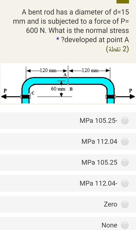 A bent rod has a diameter of d = 15 mm and is subjected to a force of P ...