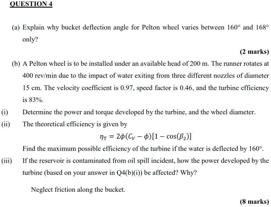 SOLVED a) Explain why the bucket deflection angle for a Pelton wheel