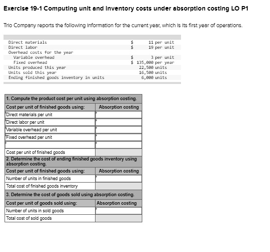 SOLVED Exercise 191 Computing unit and Inventory costs under