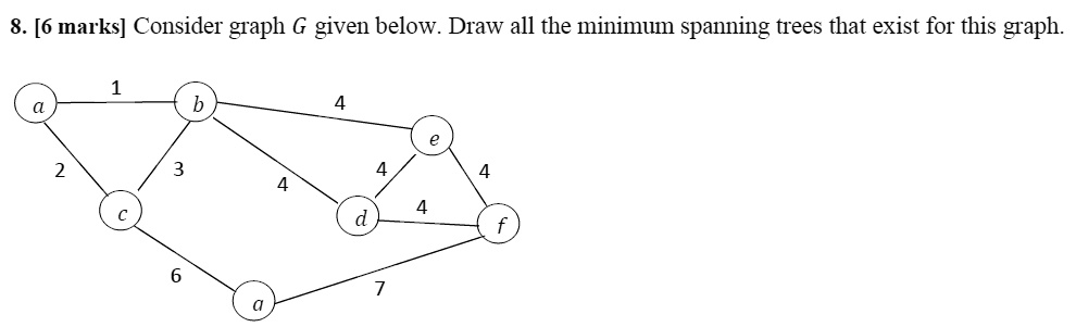 8. [6 marks] Consider graph G given below. Draw all the minimum ...