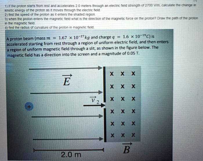 1) If the proton starts from rest and accelerates 2.0 meters through an electric field strength of 2700 V/m, calculate the change in kinetic energy of the proton as it moves through the electric field.
2) find the speed of the proton as it enters the shaded region.
3) when the proton enters the magnetic field what is the direction of the magnetic force on the proton? Draw the path of the proton in the magnetic field.
4) find the radius of curvature of the proton in magnetic field.

A proton beam (mass m = 1.67 x 10^-27 kg and charge q = 1.6 x 10^-19 C) is accelerated starting from rest through a region of uniform electric field, and then enters a region of uniform magnetic field through a slit, as shown in the figure below. The magnetic field has a direction into the screen and a magnitude of 0.05 T.