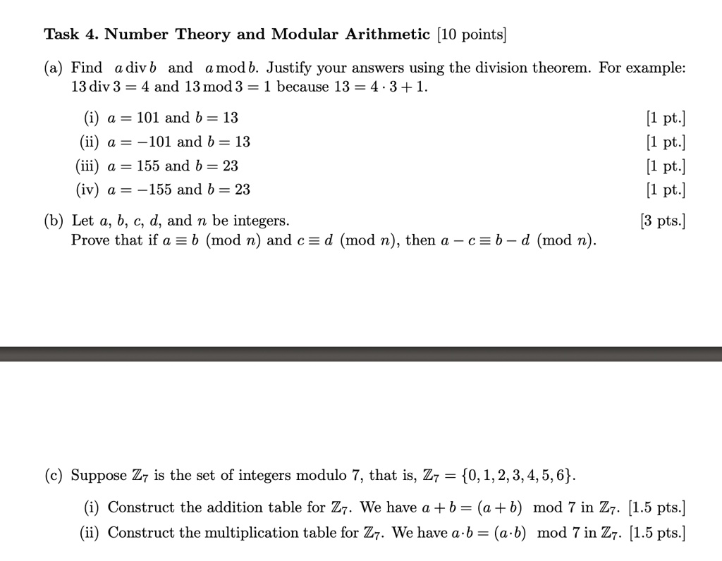 Texts: Task 4. Number Theory and Modular Arithmetic [10 points] (a ...