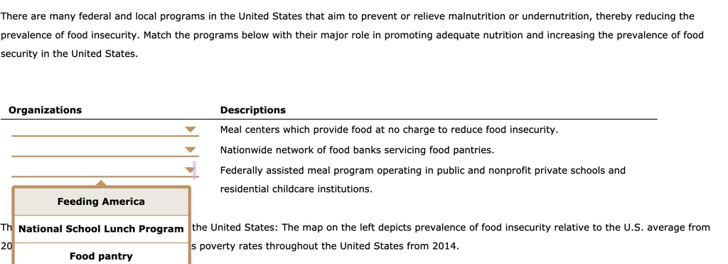 There are many federal and local programs in the United States that aim to prevent or relieve malnutrition or undernutrition, thereby reducing the prevalence of food insecurity. Match the programs below with their major role in promoting adequate nutrition and increasing the prevalence of food security in the United States.

Organizations
Descriptions
Meal centers which provide food at no charge to reduce food insecurity.
Nationwide network of food banks servicing food pantries.
Federally assisted meal program operating in public and nonprofit private schools and residential childcare institutions.

Feeding America
National School Lunch Program
Food pantry