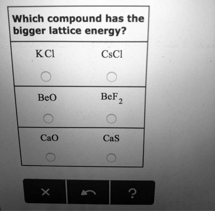 which compound has the bigger lattice energy kcl cscl beo bef2 cao 