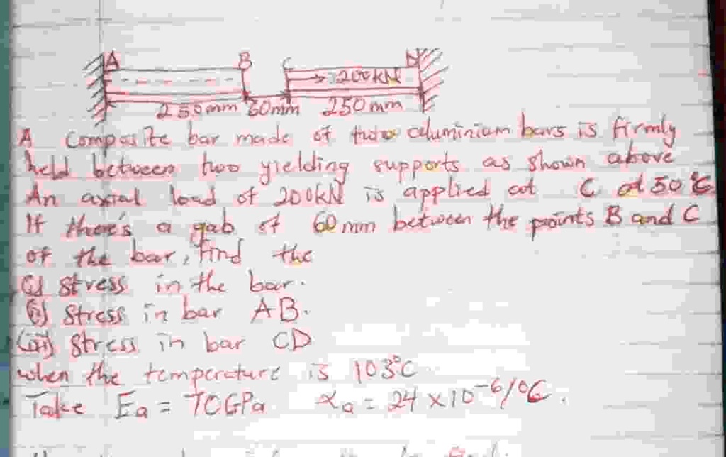 a composite bar made of two aluminium bars is firmly held between two yielding supports as shown above an axial load of 200kn is applied at c at 50c if theres a gap of 60mm between the point 82227