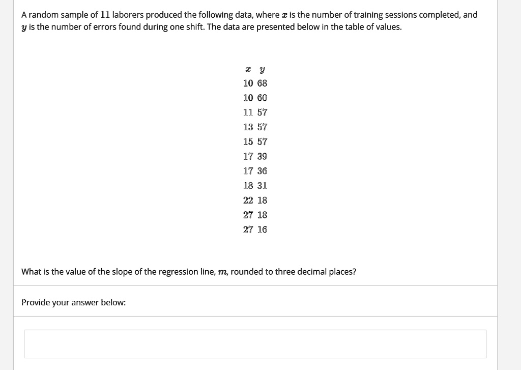 A random sample of 11 laborers produced the following data, where x is the number of training sessions completed, and y is the number of errors found during one shift. The data are presented below in the table of values.

x y
10 68
10 60
11 57
13 57
15 57
17 39
17 36
18 31
22 18
27 18
27 16

What is the value of the slope of the regression line, m, rounded to three decimal places?
Provide your answer below: