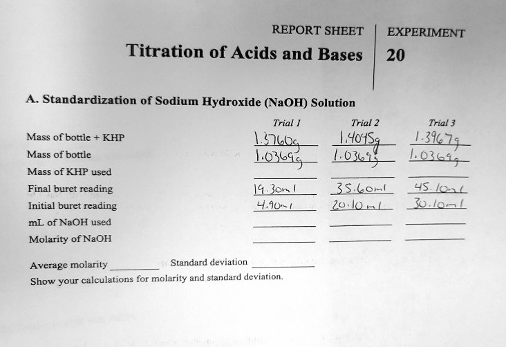 SOLVED REPORT SHEET EXPERIMENT Titration of Acids and Bases 20