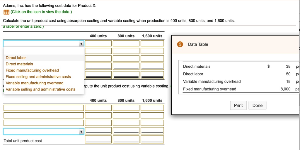 SOLVED: Adams, Inc.has The Following Cost Data For Product X: (Click On ...