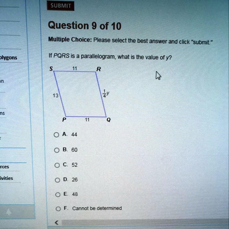 Solved If Pqrs Is A Parallelogram What Is The Value Of Y Submit Question 9 Of 10 Multiple 4523