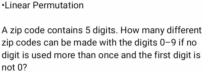 Solved Linear Permutation A Zip Code Contains 5 Digits How Many Solved Linear Permutation A Zip Code Contains 5 Digits How Many