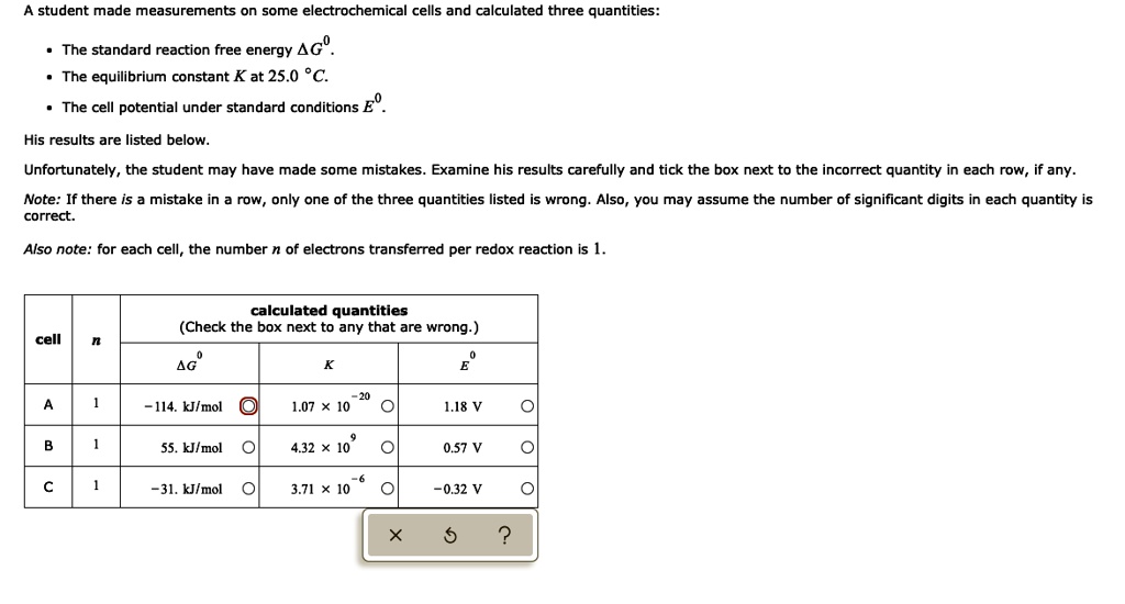 SOLVED student made measurements on some electrochemical cells and