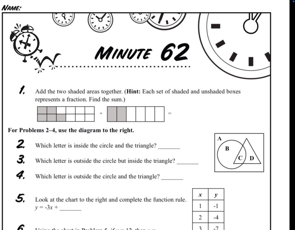 Solved I Need Help With 5 Please Name Minute 62 Add The Two Shaded Areas Together Hint Each Set Of Shaded And Unshaded Boxes Represents A Fraction Find The Sum For Problems