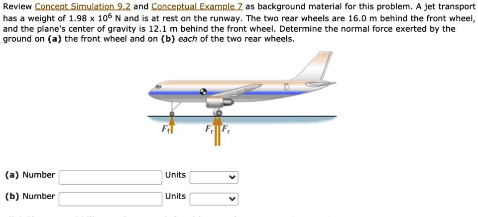 Review Concept Simulation 9.2 and Conceptual Example 7 as background material for this problem. A jet transport has a weight of 1.98 x 10^6 N and is at rest on the runway. The two rear wheels are 16.0 m behind the front wheel, and the plane's center of gravity is 12.1 m behind the front wheel. Determine the normal force exerted by the ground on (a) the front wheel and on (b) each of the two rear wheels. (a) Number Units (b) Number Units