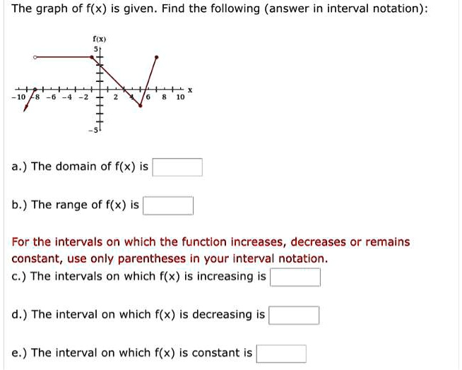 The graph of f(x) is given. Find the following (answer in interval notation):

a.) The domain of f(x) is

b.) The range of f(x) is

For the intervals on which the function increases, decreases or remains constant, use only parentheses in your interval notation.
c.) The intervals on which f(x) is increasing is

d.) The interval on which f(x) is decreasing is

e.) The interval on which f(x) is constant is
