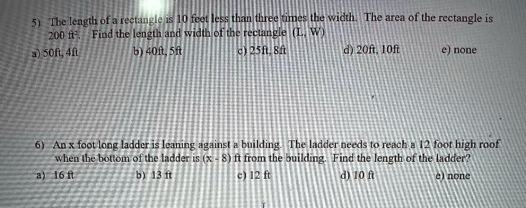 Rectangle Lww the length of rectangle is 1 0 feetiless than three times the width the ...
