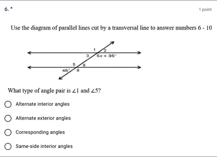 SOLVED: point Use the diagram of parallel lines cut by a transversal ...