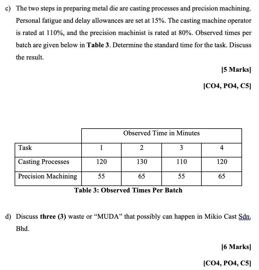 SOLVED c) The two steps in preparing metal die are casting processes