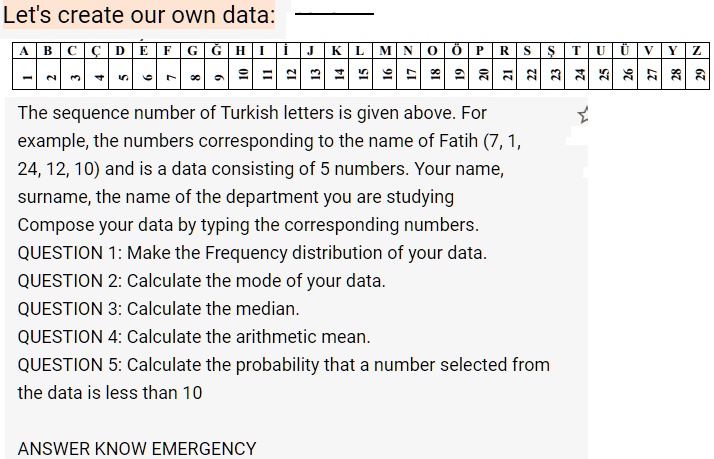 Let's create our own data:

ABCDEFG?HI?JKLMNOÖPRS?TUÜVYZ
1 2 3 4 5 6 7 8 9 10 11 12 13 14 15 16 17 18 19 20 21 22 23 24 25 26 27 28 29

The sequence number of Turkish letters is given above. For example, the numbers corresponding to the name of Fatih (7, 1, 24, 12, 10) and is a data consisting of 5 numbers. Your name, surname, the name of the department you are studying
Compose your data by typing the corresponding numbers.
QUESTION 1: Make the Frequency distribution of your data.
QUESTION 2: Calculate the mode of your data.
QUESTION 3: Calculate the median.
QUESTION 4: Calculate the arithmetic mean.
QUESTION 5: Calculate the probability that a number selected from the data is less than 10
ANSWER KNOW EMERGENCY
