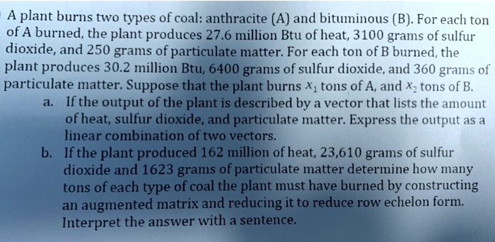 SOLVED: A Plant Burns Two Types Of Coal: Anthracite (A) And Bituminous ...