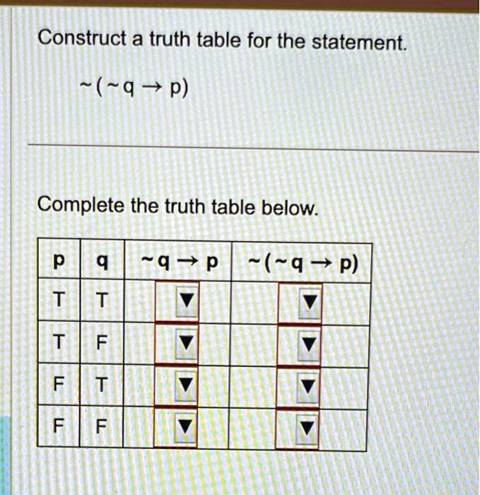 Construct a truth table for the statement.
 ( q ? p)
Complete the truth table below.
p	q	 q ? p	 ( q ? p)
T	T
T	F
F	T
F	F
