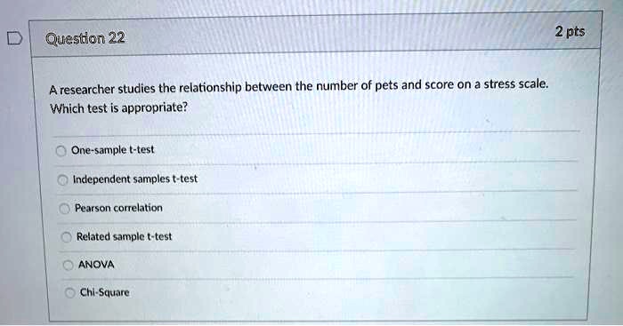 A researcher studies the relationship between the number of pets and score on a stress scale. Which test is appropriate?
One-sample t-test
Independent samples t-test
Pearson correlation
Related sample t-test
ANOVA
Chi-Square