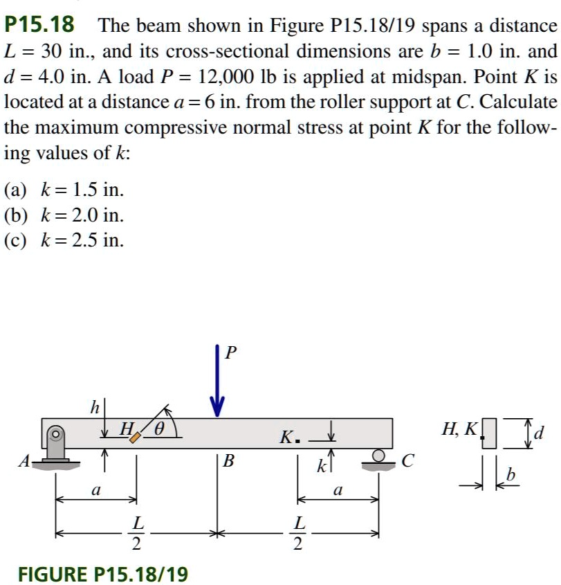 P15.18 The beam shown in Figure P15.18/19 spans a distance
L = 30 in., and its cross-sectional dimensions are b = 1.0 in. and
d = 4.0 in. A load P = 12,000 lb is applied at midspan. Point K is
located at a distance a = 6 in. from the roller support at C. Calculate
the maximum compressive normal stress at point K for the follow-
ing values of k:
(a) k = 1.5 in.
(b) k = 2.0 in.
(c) k = 2.5 in.