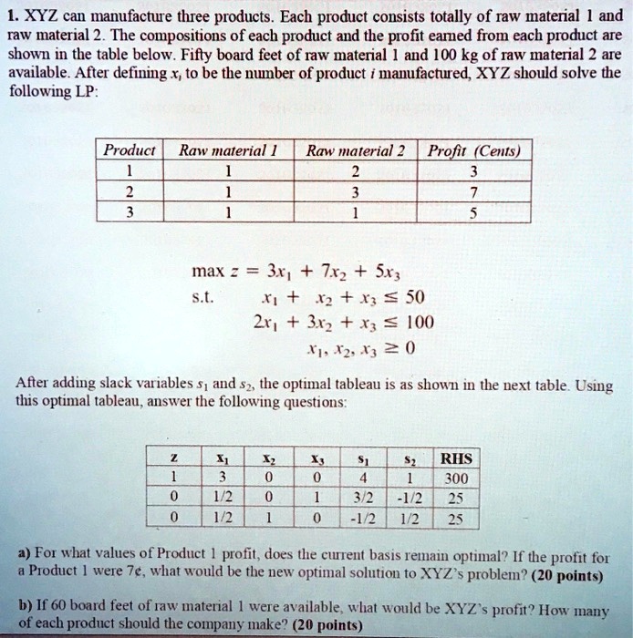 1. XYZ can manufacture three products. Each product consists totally of raw material 1 and raw material 2. The compositions of each product and the profit earned from each product are shown in the table below. Fifty board feet of raw material 1 and 100 kg of raw material 2 are available. After defining xi to be the number of product i manufactured, XYZ should solve the following LP:

Product | Raw material 1 | Raw material 2 | Profit (Cents)
1 | 1 | 2 | 3
2 | 1 | 3 | 7
3 | 1 | 1 | 5

max z = 3x1 + 7x2 + 5x3
s.t. x1 + x2 + x3 ? 50
2x1 + 3x2 + x3 ? 100
x1, x2, x3 ? 0

After adding slack variables s1 and s2, the optimal tableau is as shown in the next table. Using this optimal tableau, answer the following questions:

z | x1 | x2 | x3 | s1 | s2 | RHS
1 | 3 | 0 | 0 | 4 | 1 | 300
0 | 1/2 | 0 | 1 | 3/2 | -1/2 | 25
0 | 1/2 | 1 | 0 | -1/2 | 1/2 | 25

a) For what values of Product 1 profit, does the current basis remain optimal? If the profit for a Product 1 were 7¢, what would be the new optimal solution to XYZ's problem? (20 points)
b) If 60 board feet of raw material 1 were available, what would be XYZ's profit? How many of each product should the company make? (20 points)