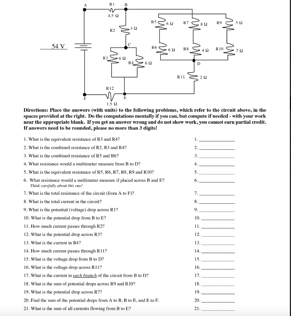 Solved 54 V Rio Rii Riz 15 2 Directions Place The Answers With Units To The Following Problems Which Refer To The Circuit Above In The Spaces Provided At The Right Do The