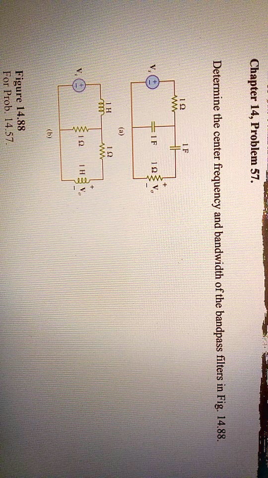 Chapter 14, Problem 57. Determine the center frequency and bandwidth of the bandpass filters in Fig. 14.88.
(a)
Vs (+-)
1 ?
1 F
1 F
1 ?
+ Vo -
(b)
Vs (+-)
1 H
1 ?
1 ?
1 H
+ Vo -
Figure 14.88
For Prob. 14.57.